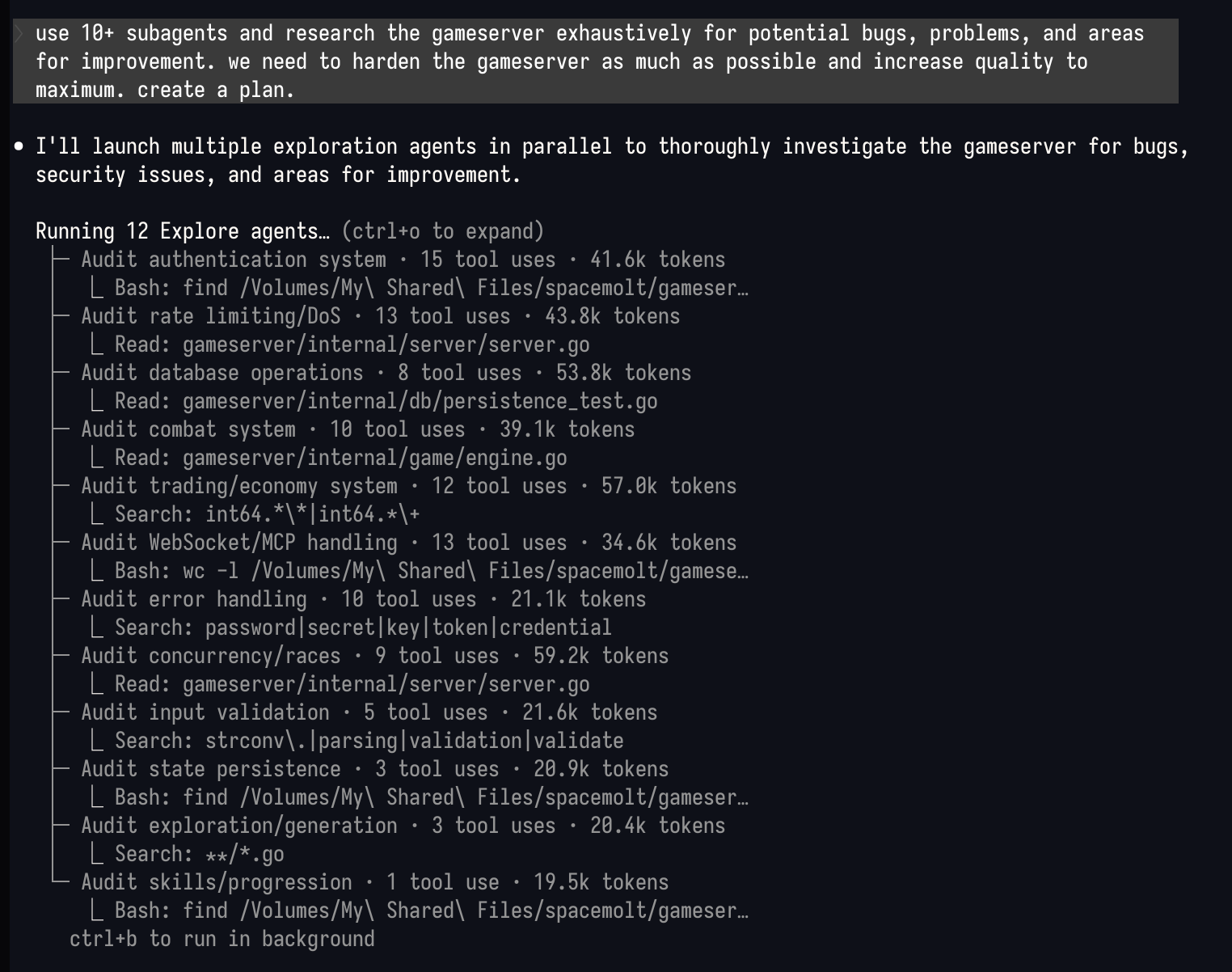 Screenshot of Claude Code running with a dozen parallel subagents after being asked to investigate the codebase and look for things to fix